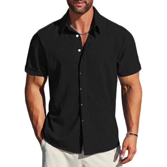 Men's Black Linen Short Sleeve Button Down Casual Shirt Business Dress - Picture 1 of 6